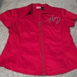 Harley-Davidson Red Zip-Front Short Sleeve Shirt with Rhinestone HD